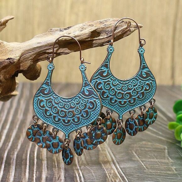 Turquoise Vintage Gold Hip-Hop Retro Leaf Alloy Aztec Drop Earrings Boho Ethnic - Picture 5 of 6